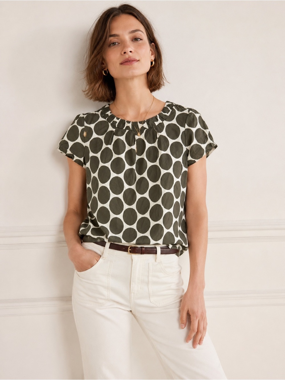 Boden Women’s Polka Dot Silk Blend Blouse | White & Olive | US 2